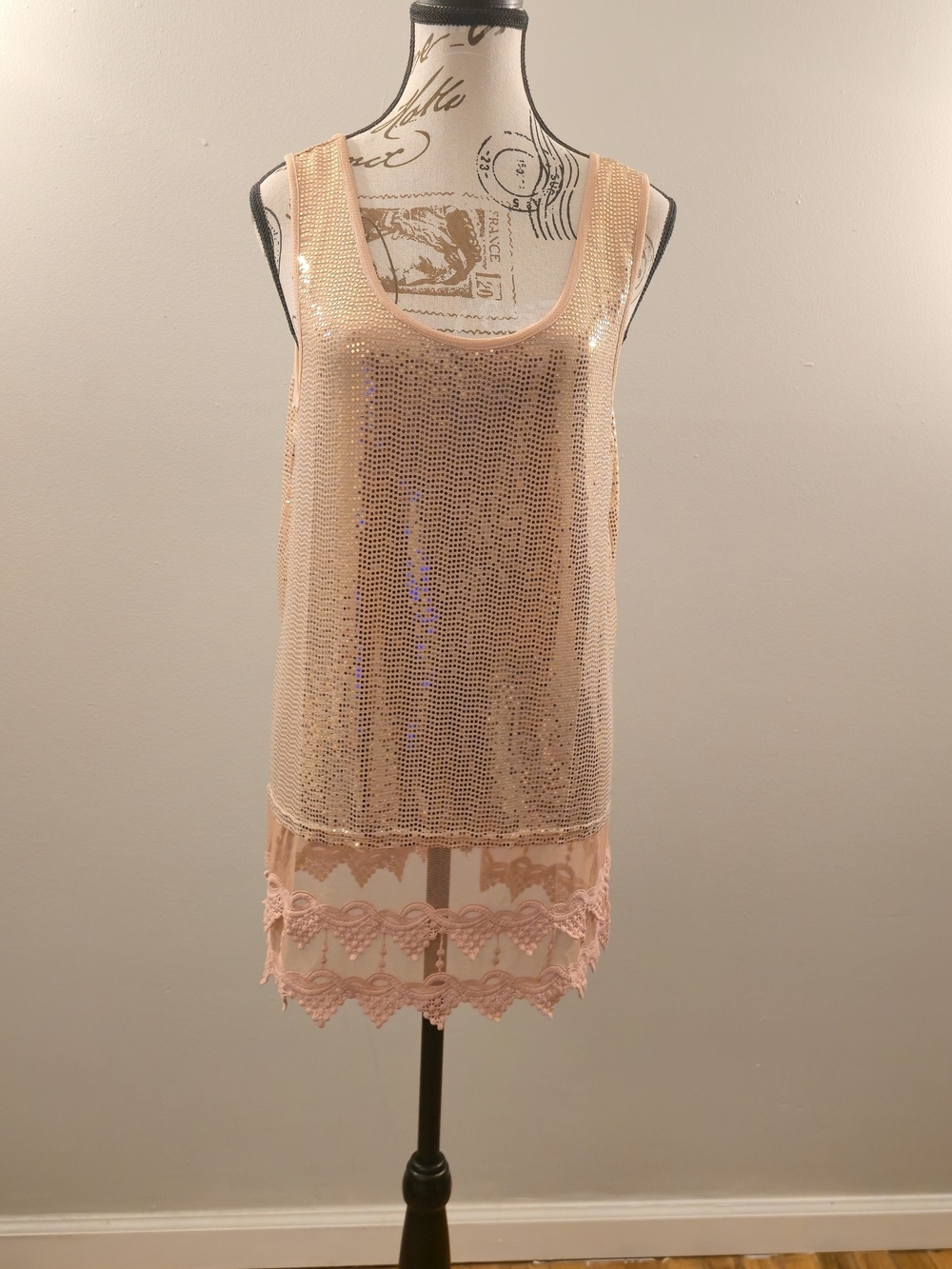 Sequined Lace-Trim Sleeveless Chemise in Blush Pink